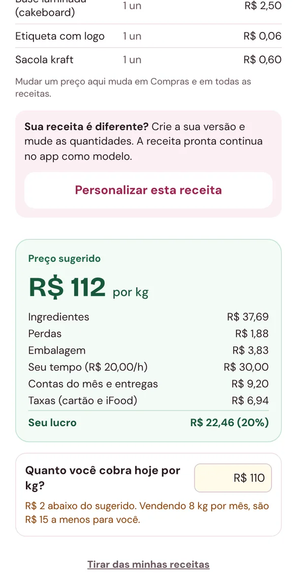Tela da receita de bolo ninho com morango mostrando o preço sugerido de R$ 112 por kg e a conta completa