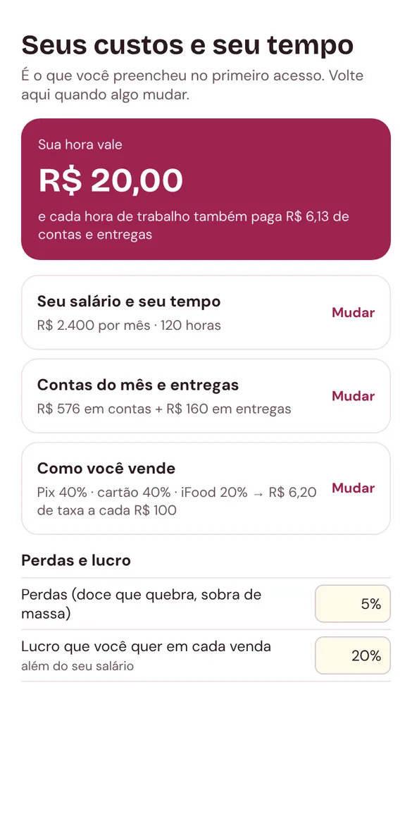 Tela de custos mostrando que a hora de trabalho vale R$ 20