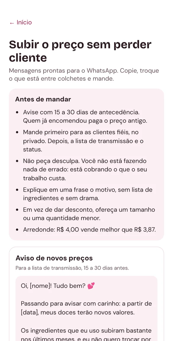 Tela de mensagens prontas para avisar as clientes do novo preço